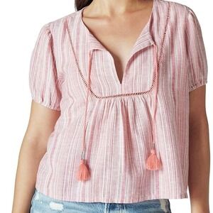 LUCKY BRAND COTTON LINEN STRIPED BOHO PEASANT BLOUSE IN PINK NWT WOMEN'S SMALL‎
